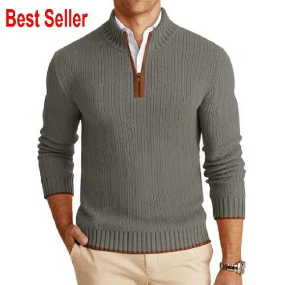 Quarter-Zip Pullover Sweater Mock Neck Ribbed Knit Classic Fit Winter Warm